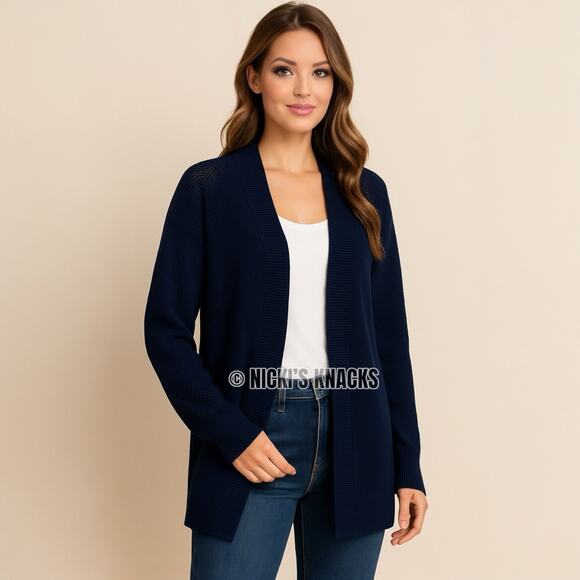 Faith & Zoe Navy Blue Open Front Mesh Panel Knit Cardigan Sweater Size L - Picture 1 of 11